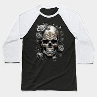 Skull with Tattoos and roses Black Baseball T-Shirt